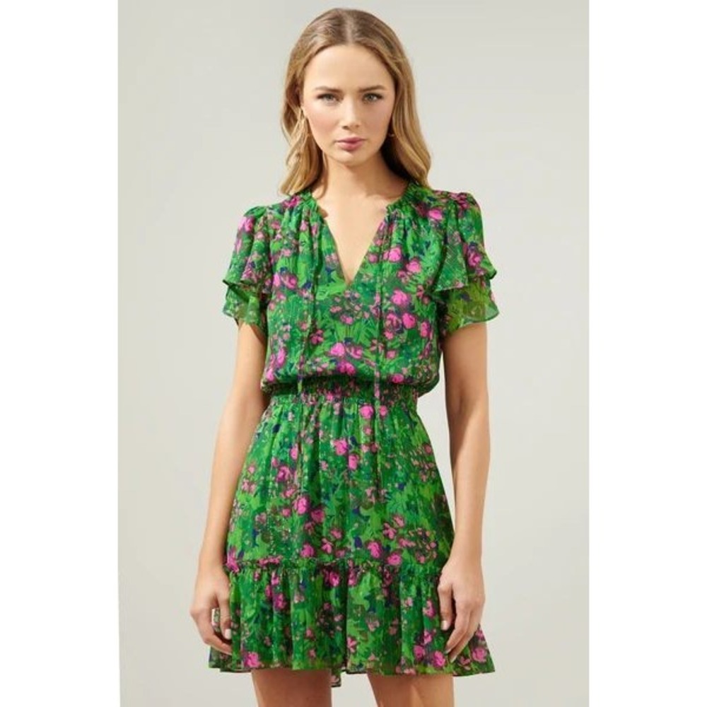 Sugarlips Green Floral Ruffle Mini Dress Metallic Lurex Surplice Smocked Waist S